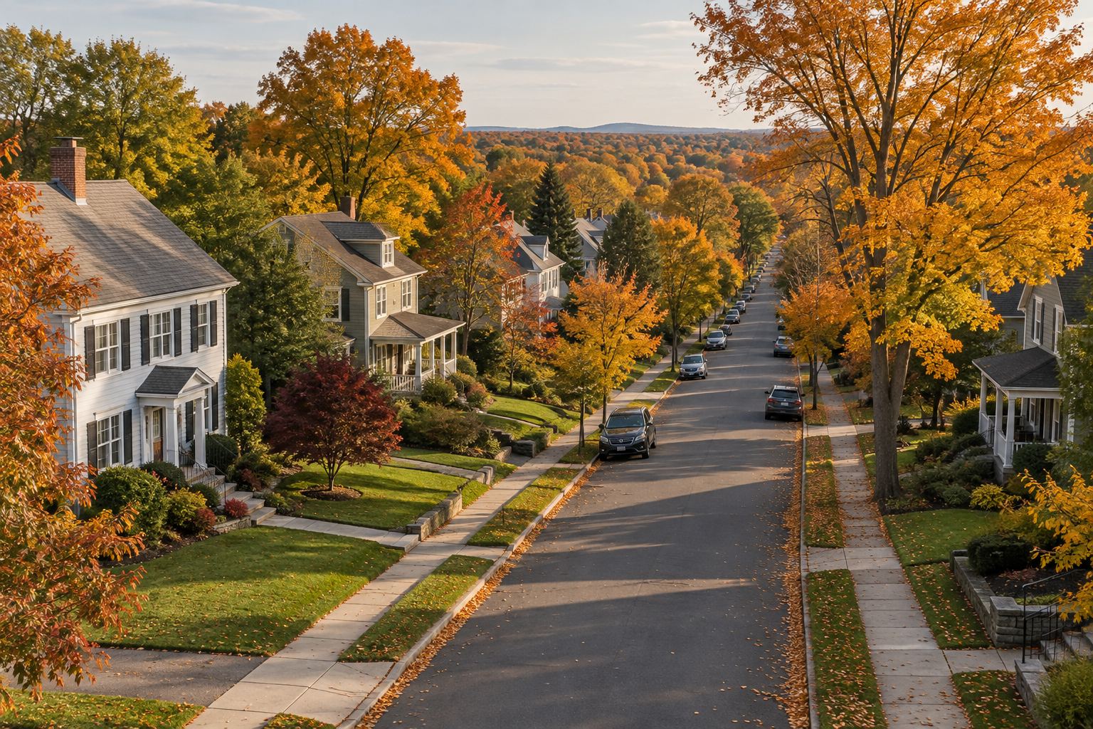 A quiet Capital Region, New York residential street in autumn, illustrative