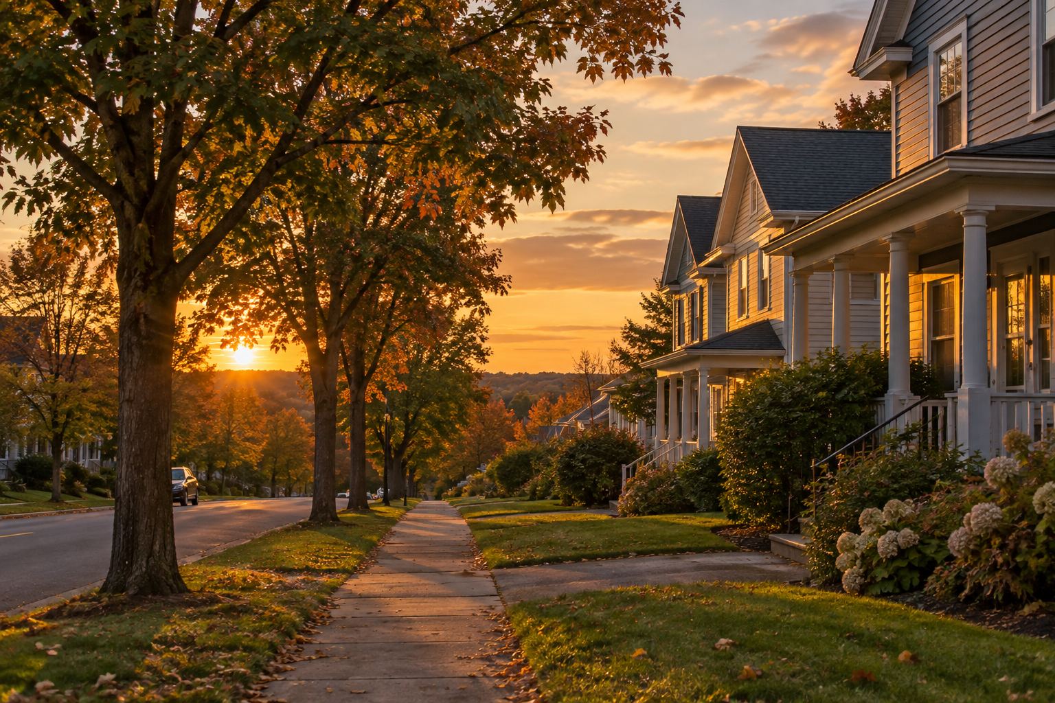 A Capital Region New York street at sunset, illustrative