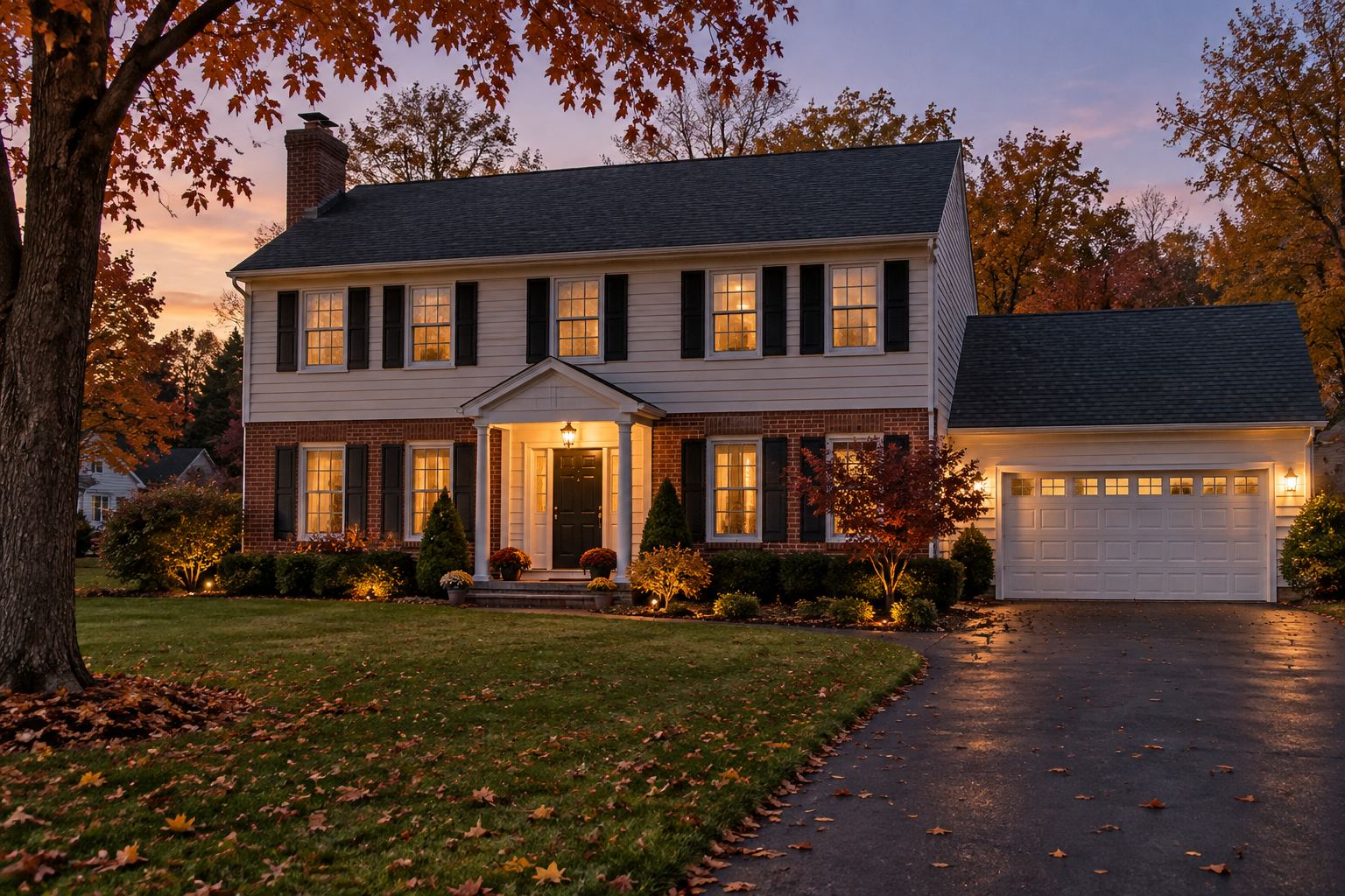 A Capital Region New York home exterior at dusk, illustrative