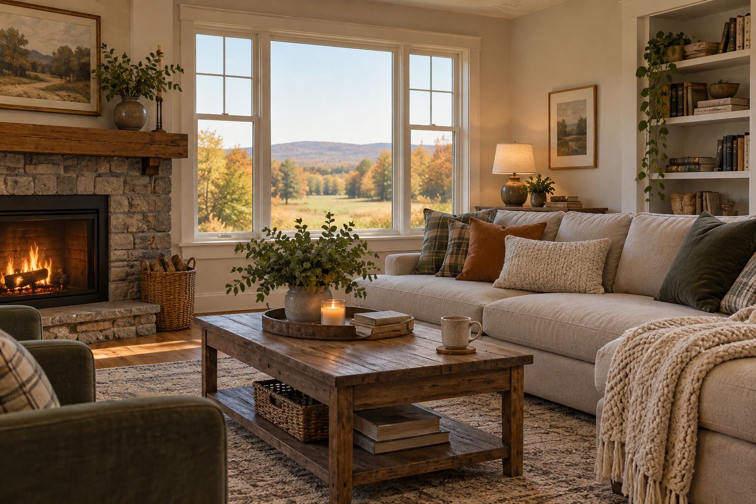 A cozy upstate New York living room, illustrative