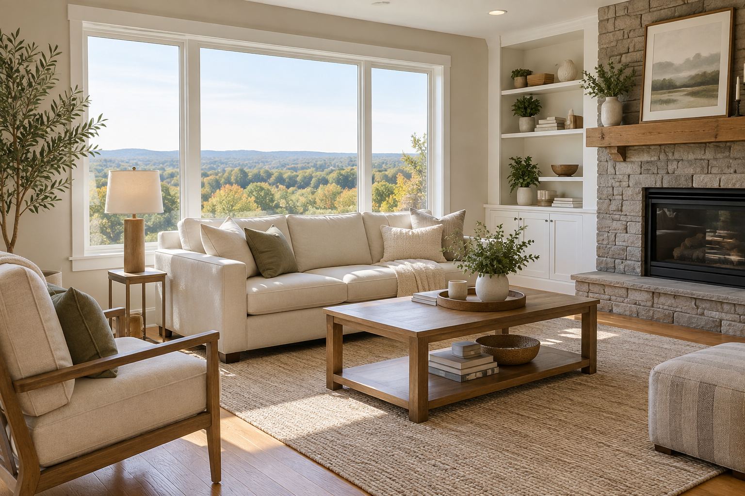 A bright upstate New York home interior, illustrative